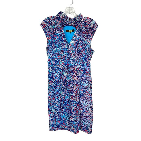 Eva Franco Womens Silk V Neck Cap Sleeve Dress Blue Red Abstract Print size 2 - Picture 1 of 10